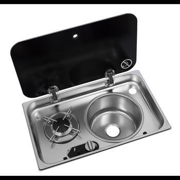 Réchaud à gaz 1 feu encastrable avec couvercle en acier inoxydable : + évier à droite 526 ×326