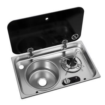 Réchaud à gaz 1 feu encastrable avec couvercle en acier inoxydable : + évier à gauche 526 ×326