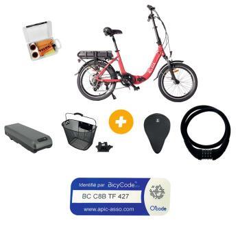 Vélo à assistance électrique Confort 20'' Rouge 10,4Ah Batterie supplémentaire Confort 13Ah Antivol à code silicone 60 cm Kit réparation pour véloPanier avant pour vélo Couvre selle vélo Taille L Étiquette autocollante d'identification de vélo