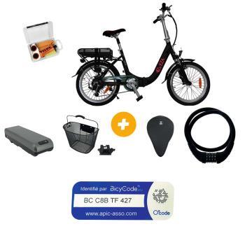 Vélo à assistance électrique Confort 20'' noir 10,4 AH  Batterie supplémentaire Confort 13Ah Antivol à code silicone 60 cm Kit réparation pour véloPanier avant pour vélo Couvre selle vélo Taille L Étiquette autocollante d'identification de vélo