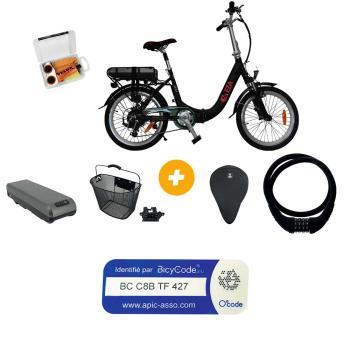 Vélo à assistance électrique Confort 20'' Noir 13Ah Batterie supplémentaire Confort 13Ah Antivol à code silicone 60 cm Kit réparation pour véloPanier avant pour vélo Couvre selle vélo Taille L Étiquette autocollante d'identification de vélo