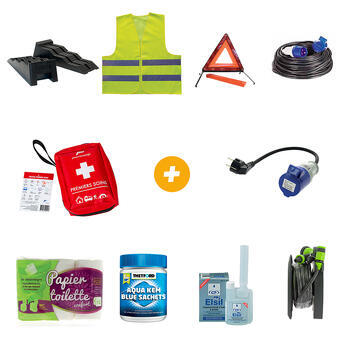 Lot 2 cales mise à niveau +Gilet de sécu +Triangle présignalis +Trousse Premiers Soins +Adaptateur fem CEE P17/mâle Schuko +Rallonge CEE 17 15m x 1,5mm2 +Tuyau eau 10m minienrouleur +Purificateur d'eau+Papier spécial toilettes portables +Aqua-Kem