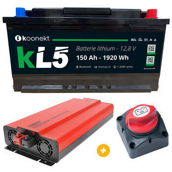 Batterie Lithium compacte KL5 150 Ah + Convertisseur-chargeur Pur Sinus 2000W + Coupe batterie