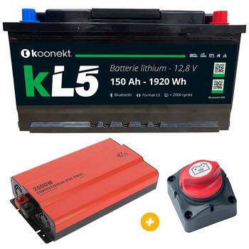 Batterie Lithium compacte KL5 150 Ah +  Coupe batterie unipolaire + Convertisseur Pur Sinus