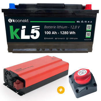 Batterie Lithium compacte KL5 100 Ah +  Coupe batterie unipolaire + Convertisseur Pur Sinus