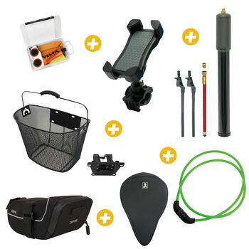 Kit réparation pour vélo + Pompe à vélo compacte + Panier avant pour vélo + Support téléphone pour vélo + Sacoche de selle vélo + Couvre selle vélo Taille L + Antivol à code 1,50 m