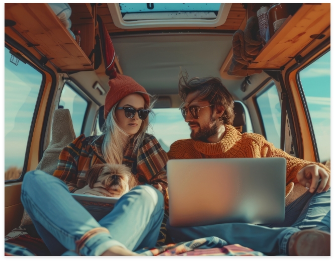 Couple heureux dans un van avec un ordinateur