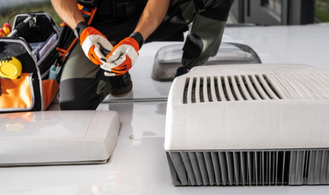 technicien-installe-un-climatiseur-de-toit-sur-camping-car