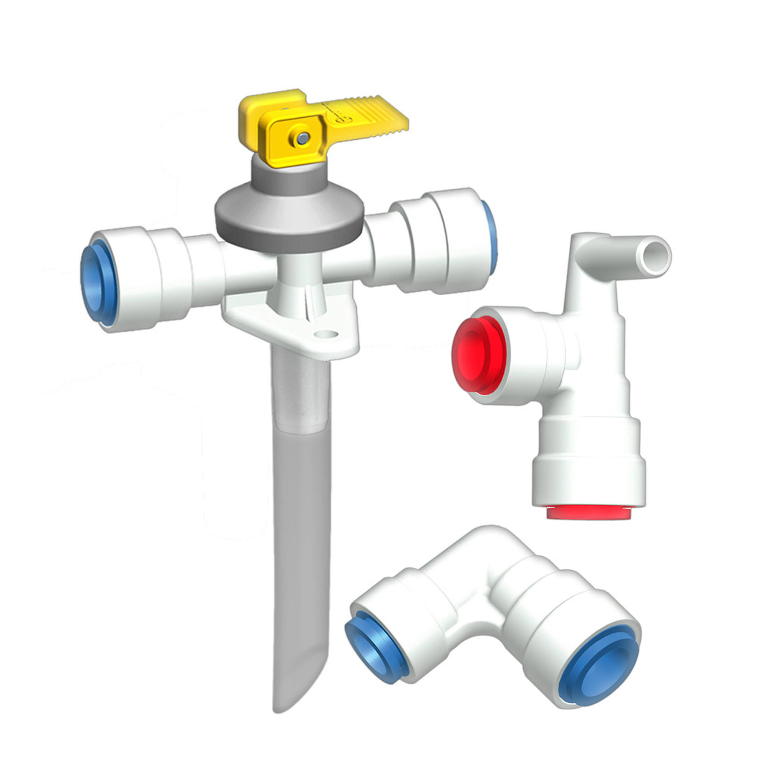 Raccordement Eau Boiler : Soupape de vidange et raccords coudés pour pose de tubes rigides diam. 12mm (système Jon Guest)