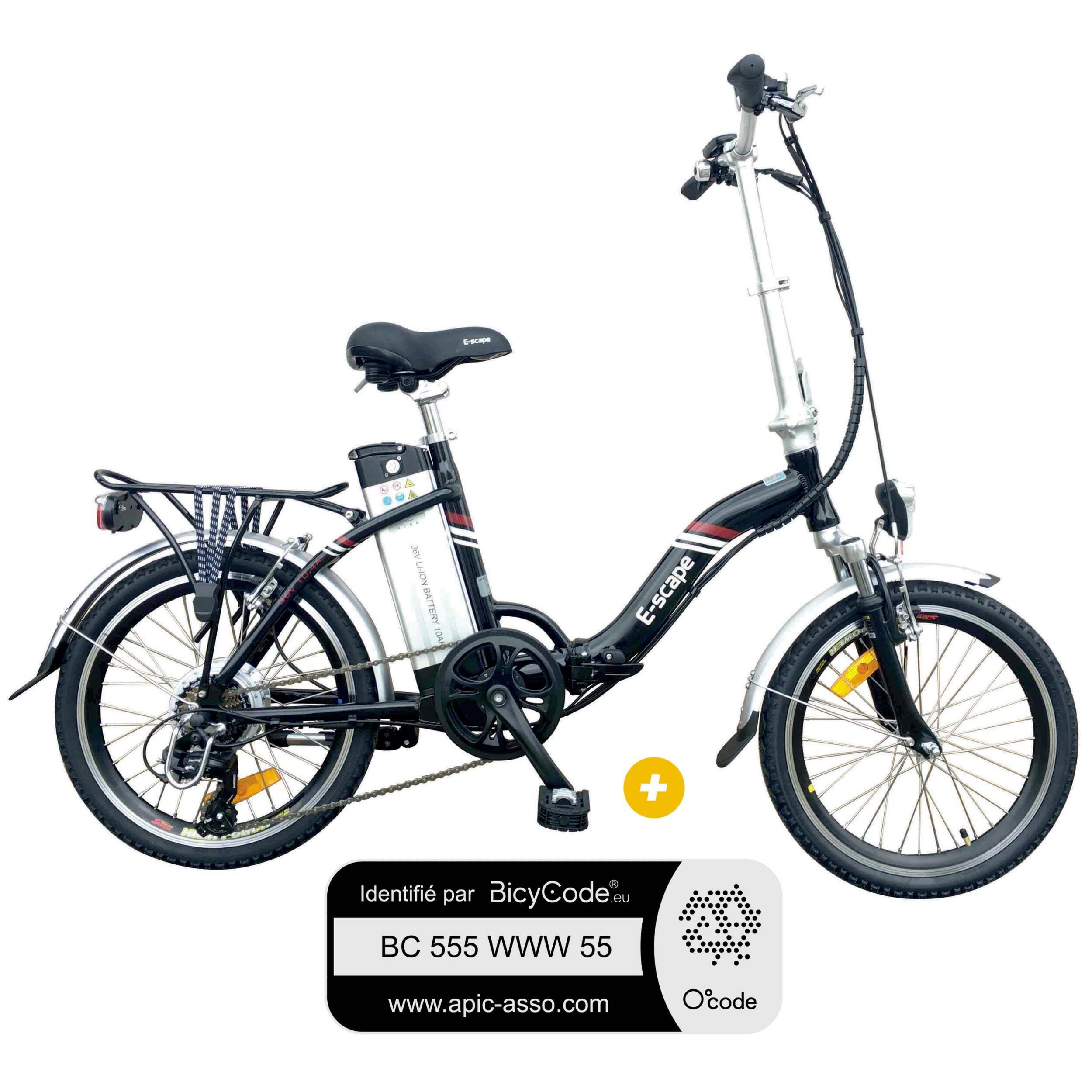 Pack Vélo à assistance électrique pliant 20 Pouces Noir Classic + Marquage BicyCode