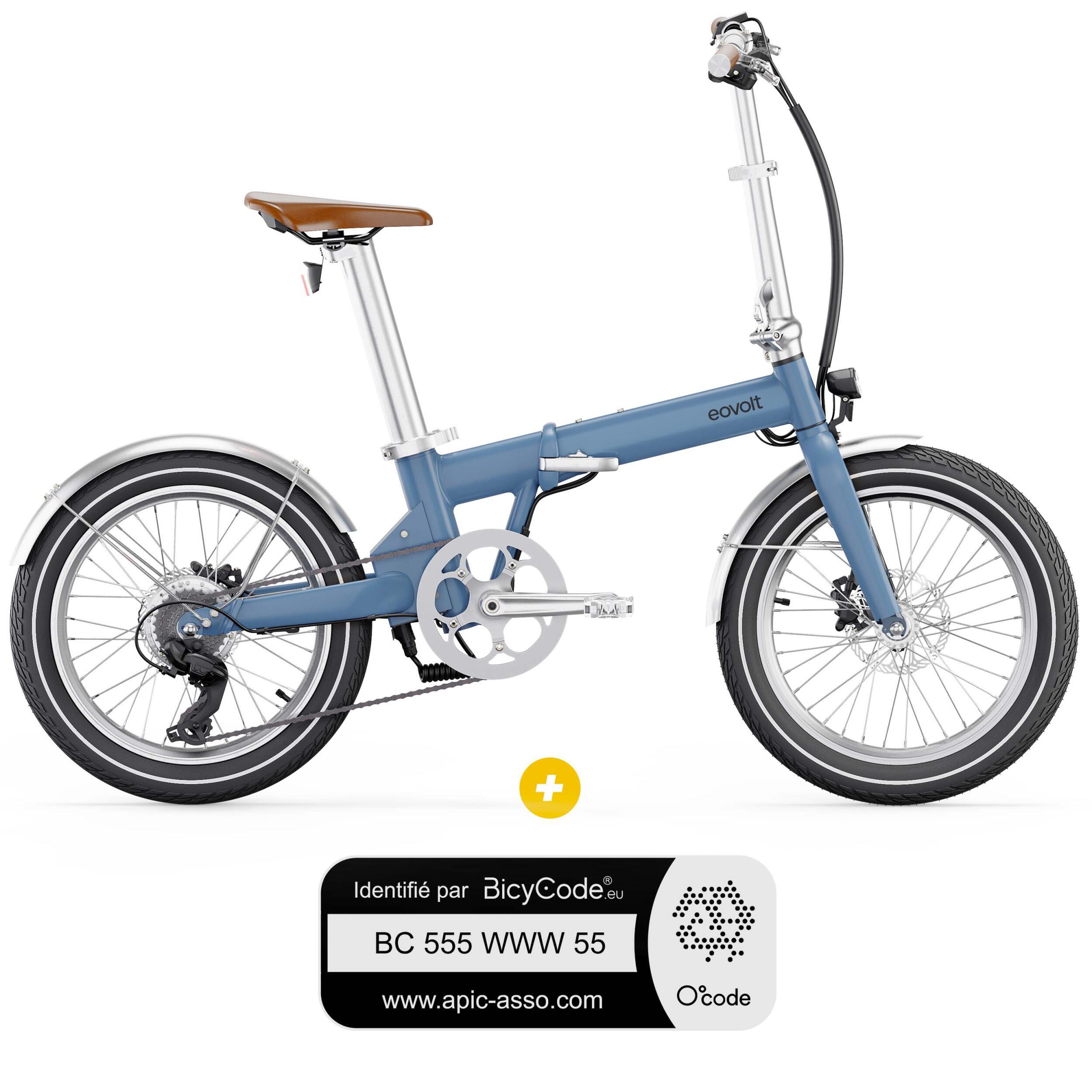 : Pack Vélo à assistance électrique pliant 20'' AFTERNOON modèle 2023 V2 Bleu Satin Vintage + Marquage BicyCode