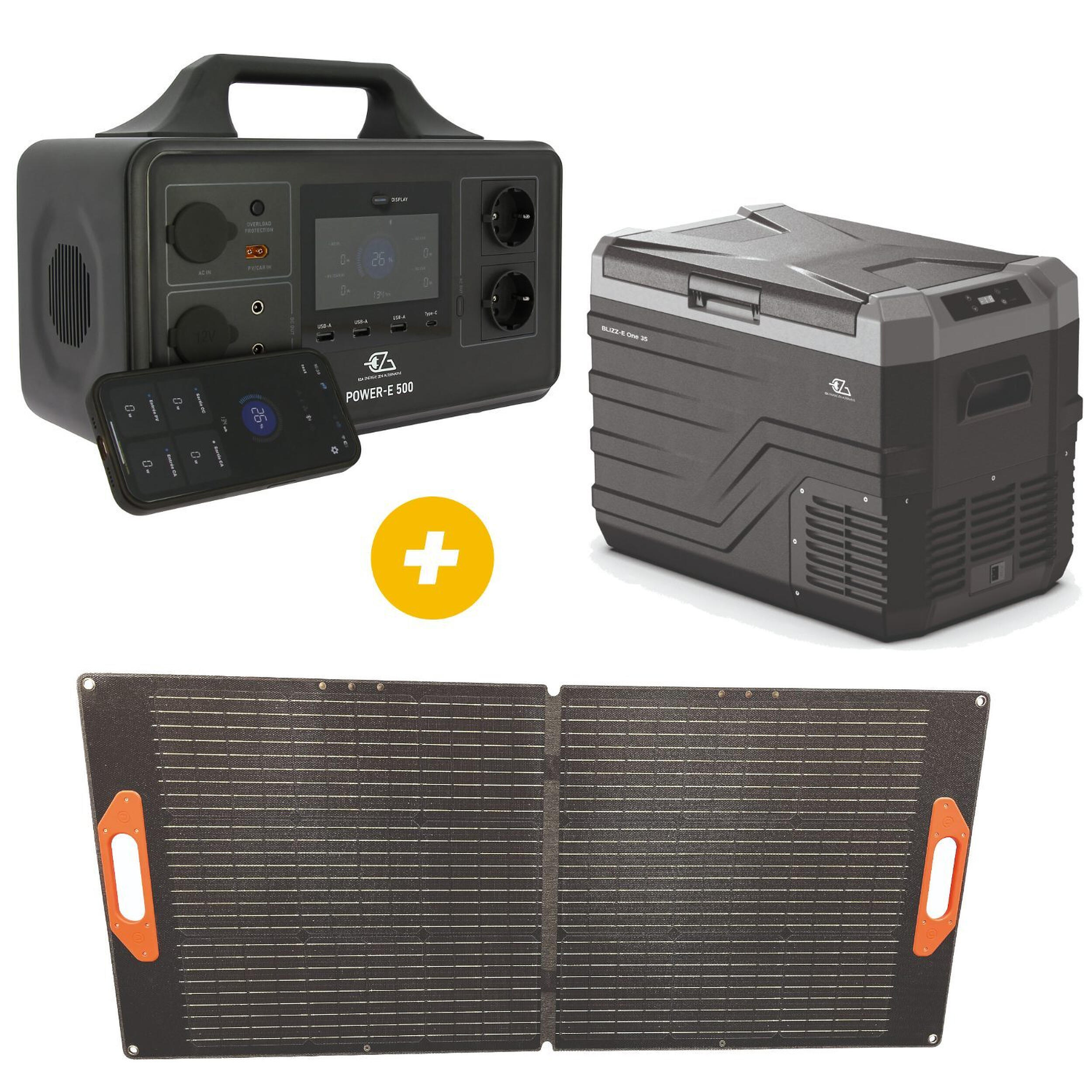 Power Station Power-E 500 + Glacière à compression 35 l grise + PANNEAU SOLAIRE VALISE 100W